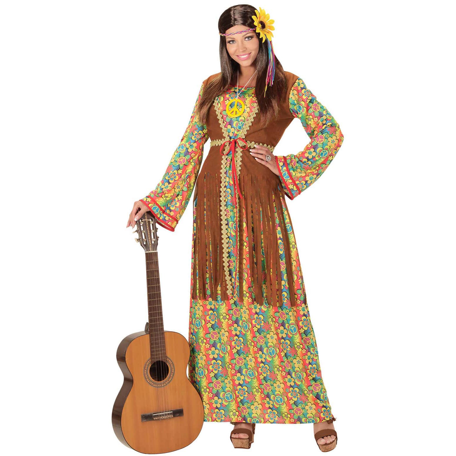 Costume Donna Hippie (Vestito Con Gilet,Collana Segno Della Pace) (S)