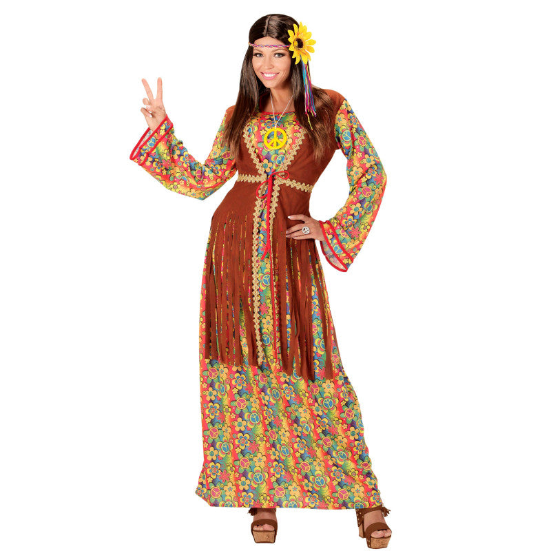 Costume Donna Hippie (Vestito Con Gilet,Collana Segno Della Pace) (M)